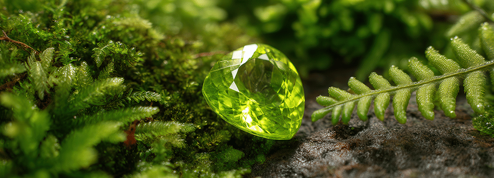green peridot gemstone on a mossy forest floor
