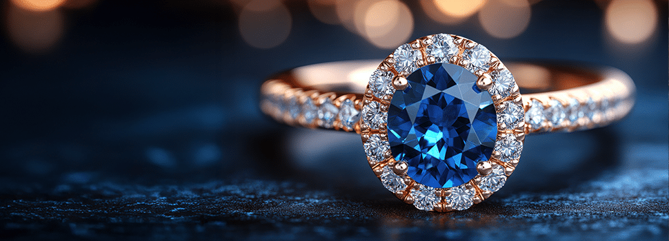 Elegant Sapphire, diamond and gold ring on a dark background
