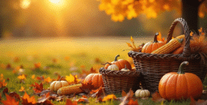 Sunset over baskets of gourds, pumpkins & corn