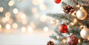 red, white and gold christmas tree ornaments on a tree with warm blurry background