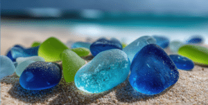 blue and green sea glass on a sandy beach